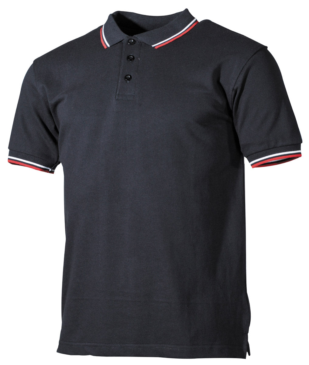 Poloshirt, schwarz, rot-weißeStreifen, mit Knopfleiste