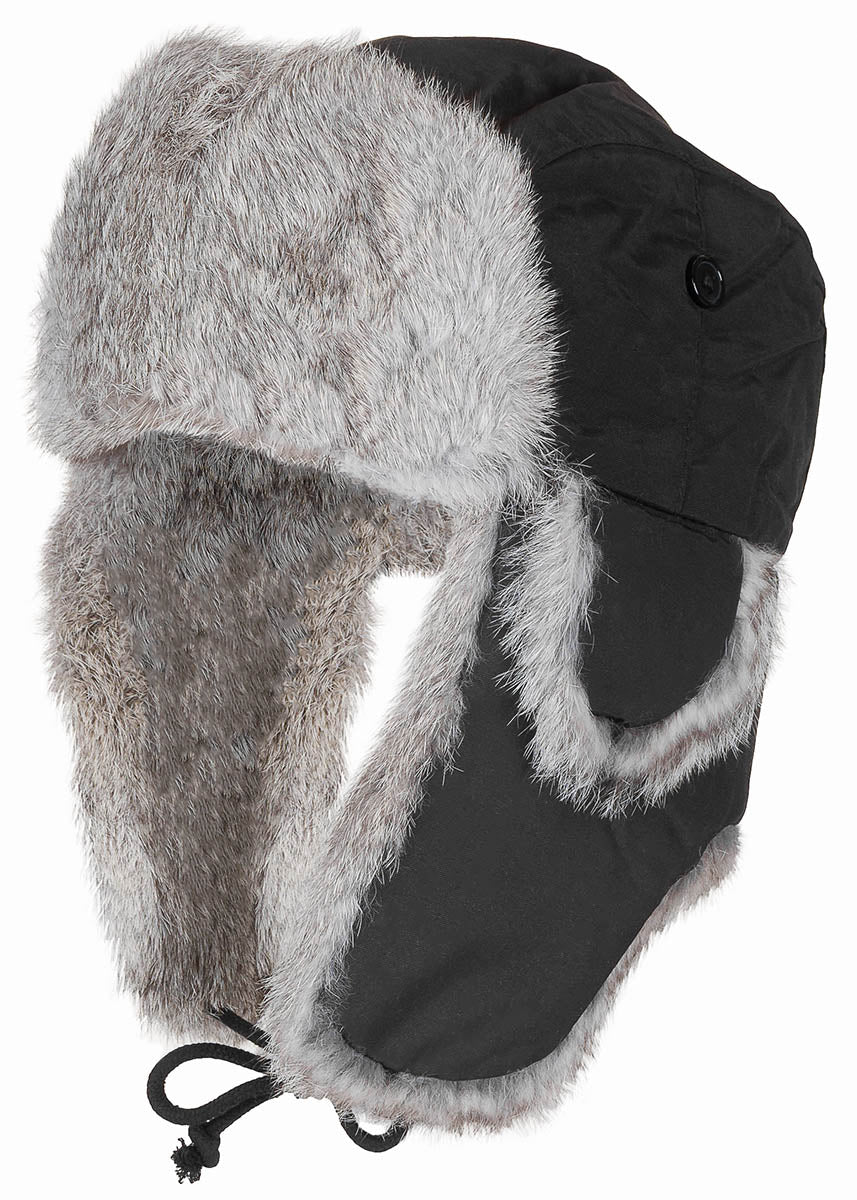 Fellmütze, schwarz, mit grauemEchtfell, Steppfütterung
