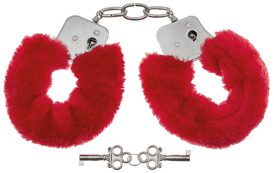 Handschellen, 2 Schlüssel,chrom, Fellüberzug in rot