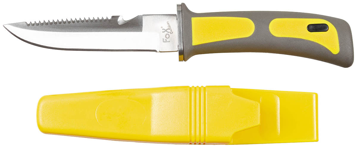 Tauchermesser, gelb-schwarz,Gummigriff, Scheide