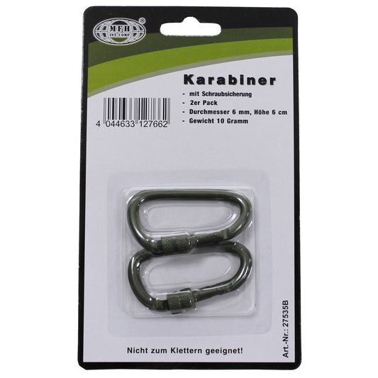Karabiner, Schraubverschluss,D 6 mm x 6 cm, 2er Pack, oliv